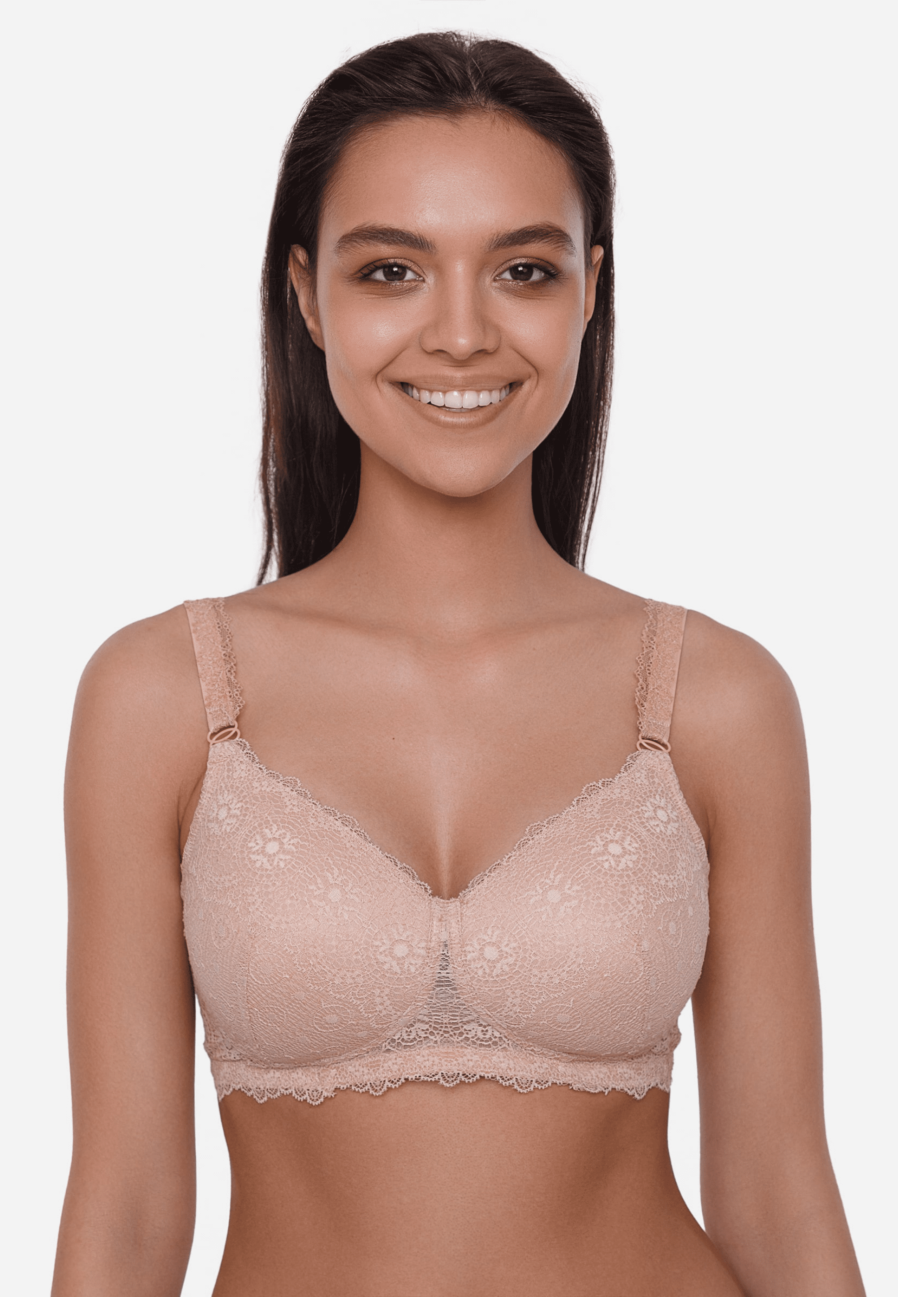 Voorzijde van vrouw die de salsa prothese bh in de kleur beige van het merk Megami draagt