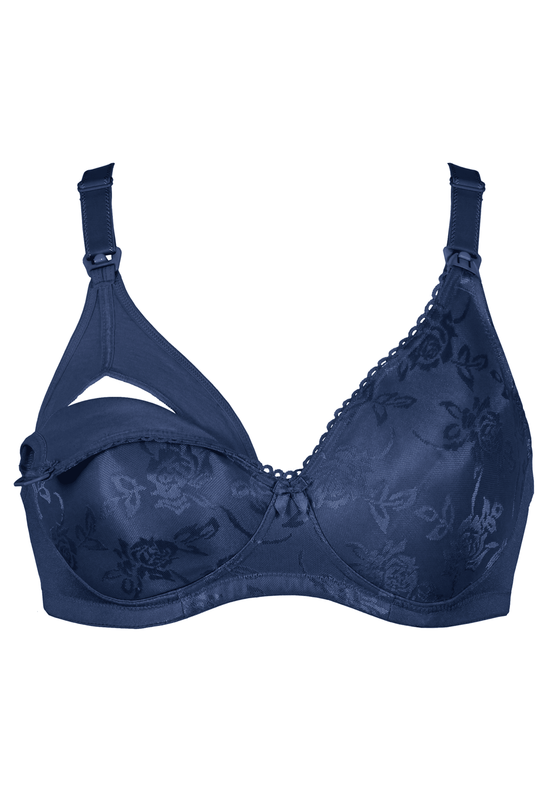 Voorzijde productafbeelding voedingsbh met bloemenpatroon in de kleur navy van het merk Naturana