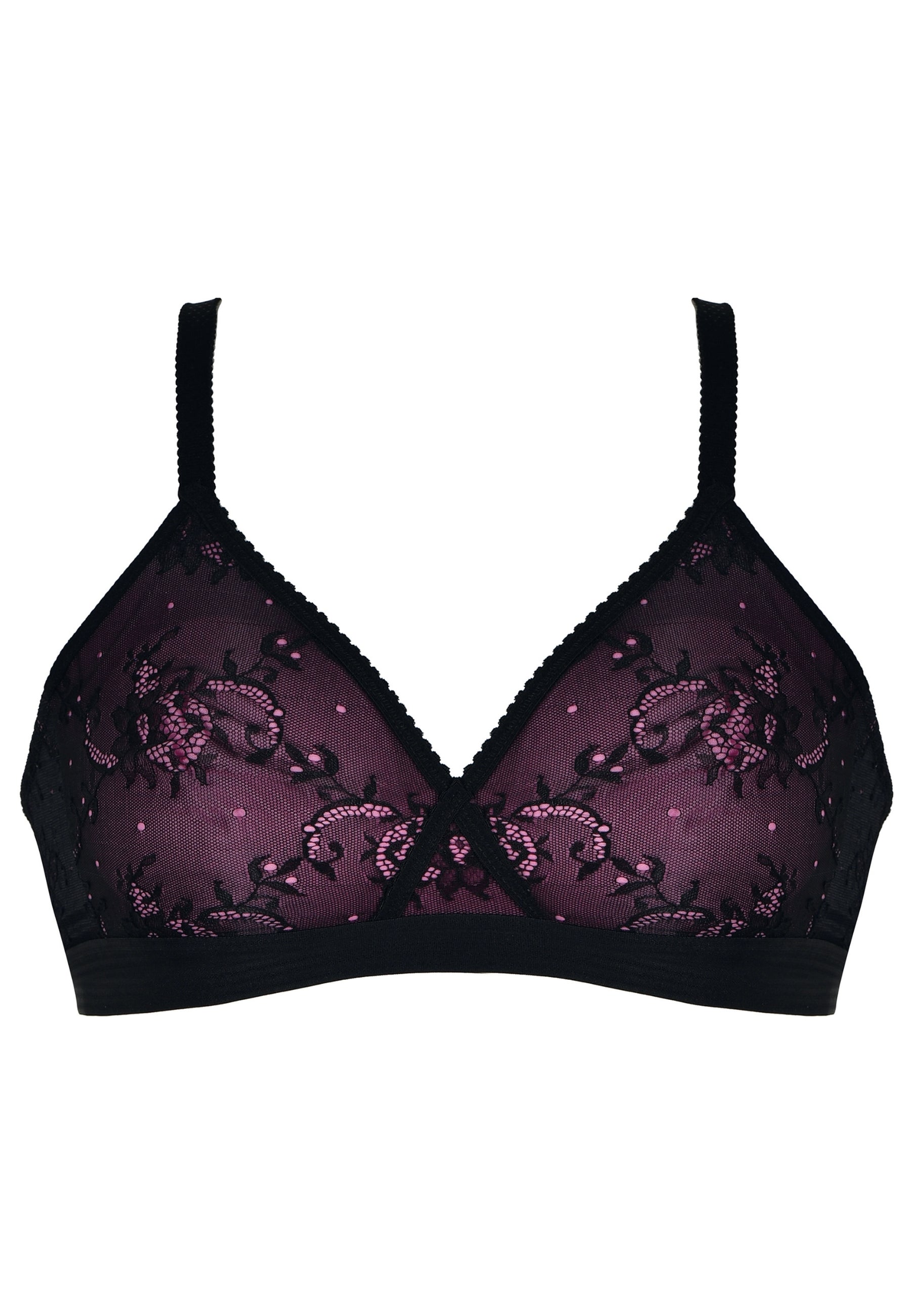 Voorzijde productafbeelding prothese bh met kant in de kleur zwart met fushia van het merk Naturana