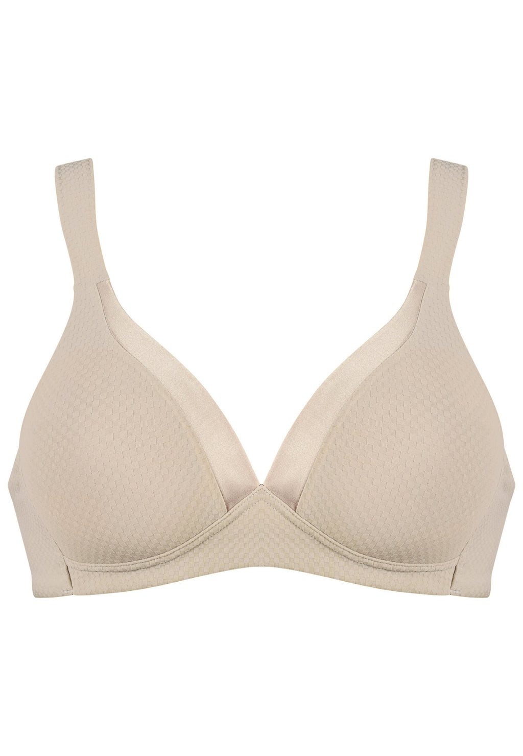 Voorzijde productafbeelding soft bh met glansband en patroon in de kleur beige van het merk Naturana