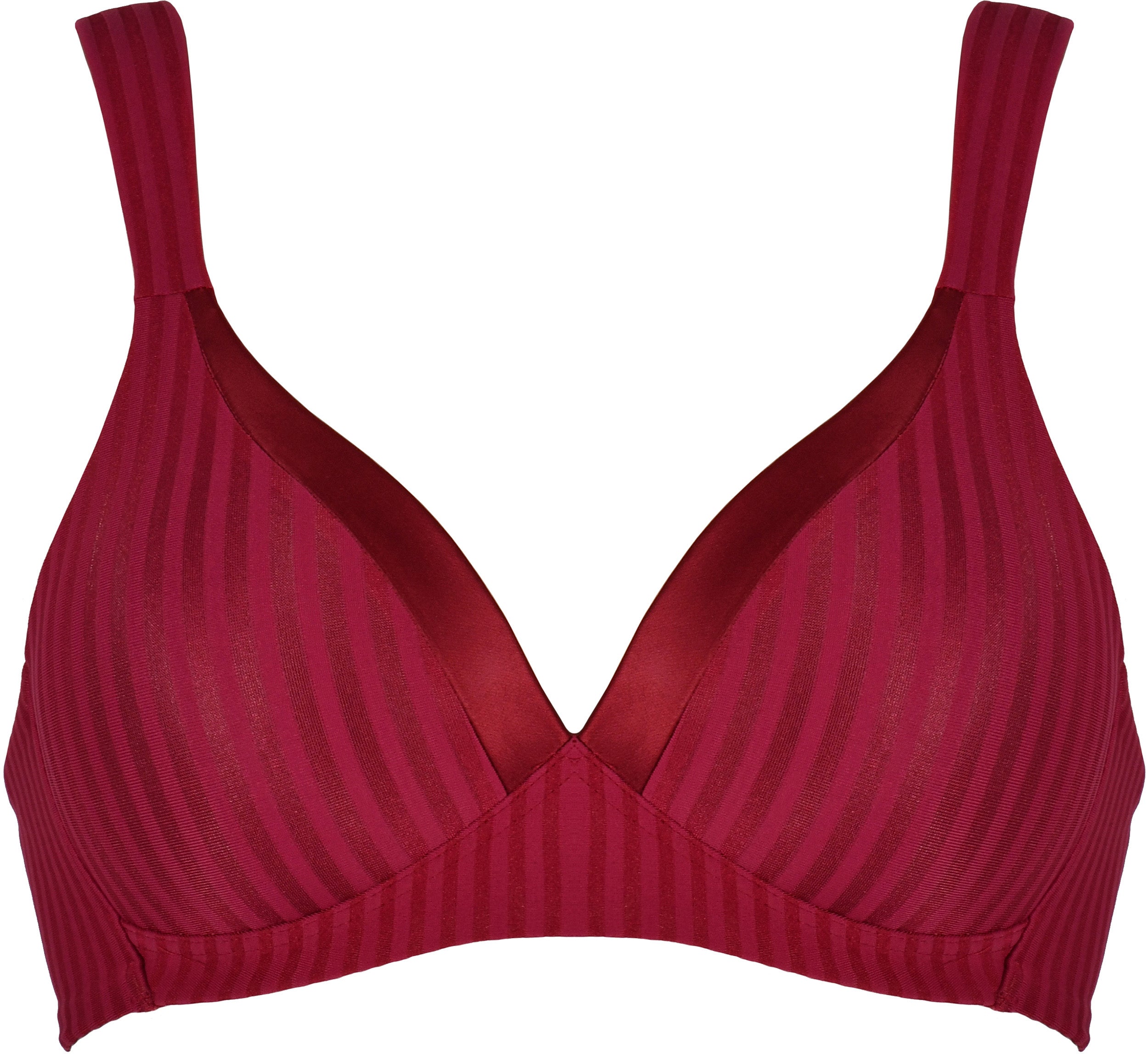 Voorzijde soft bh met strepen in de kleur burgundy van het merk Naturana