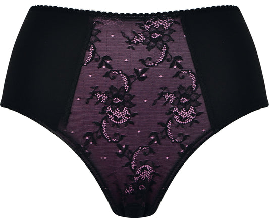 Voorzijde tailleslip met kant in de kleur fushia met zwart van het merk Naturana