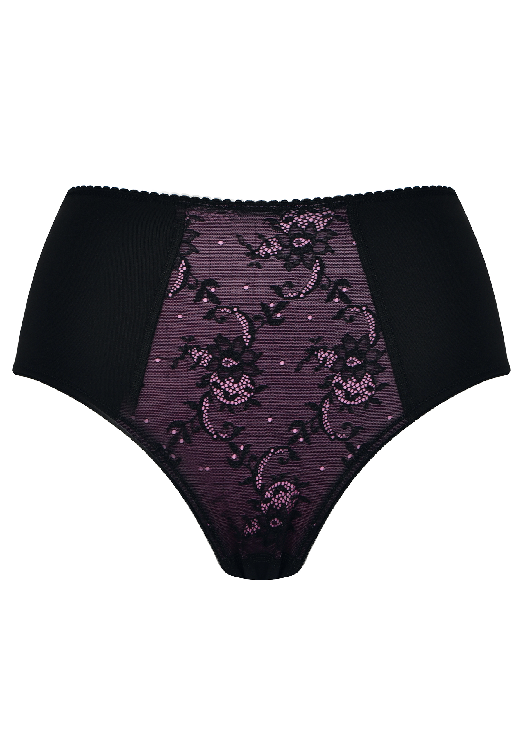 Voorzijde tailleslip met kant in de kleur fushia met zwart van het merk Naturana