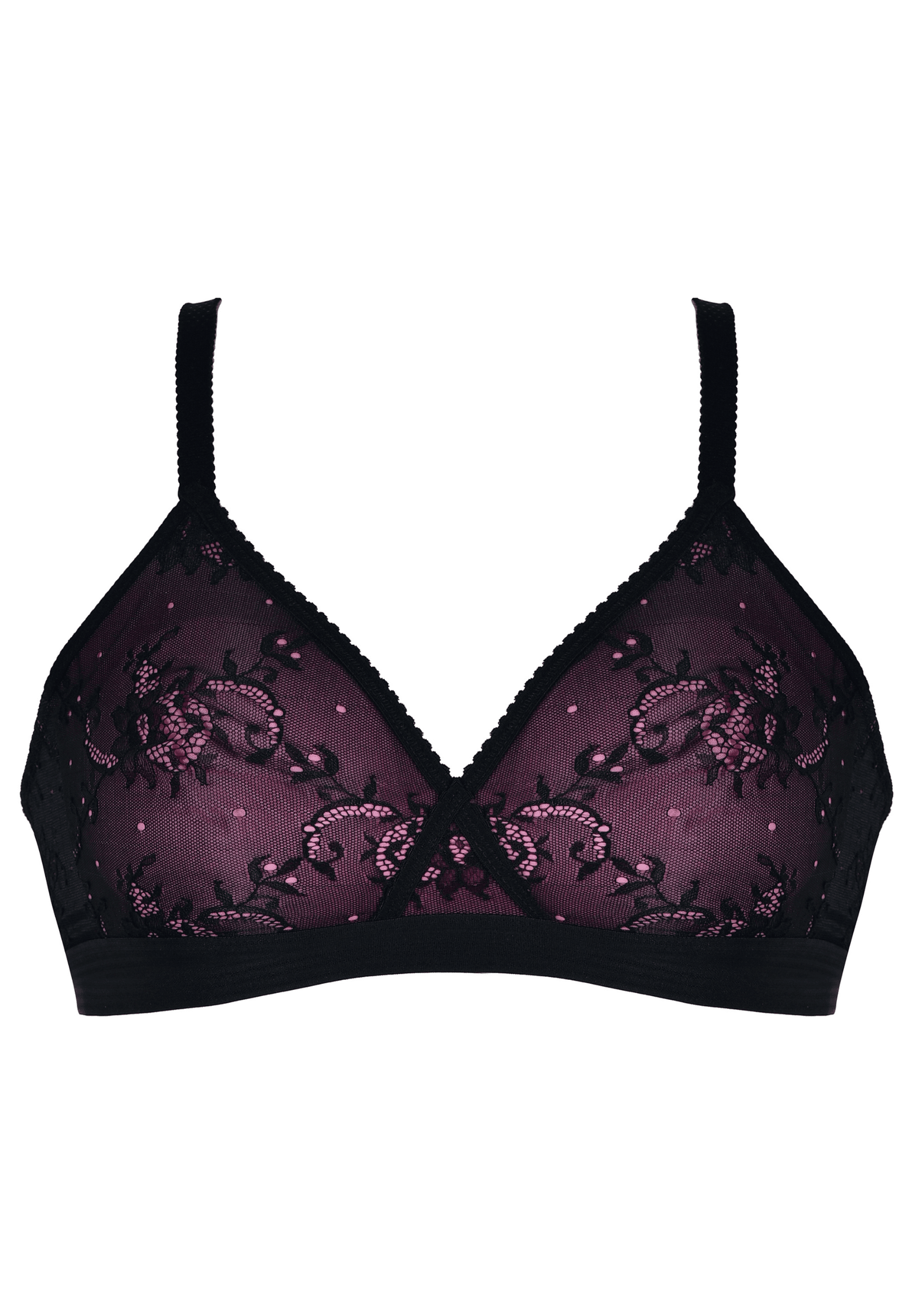 Voorzijde productafbeelding prothese bh met kant in de kleur zwart fushia van het merk Naturana