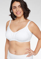 Voorzijde van vrouw die de minimizer bh met side smoother in de kleur wit van het merk Naturana draagt