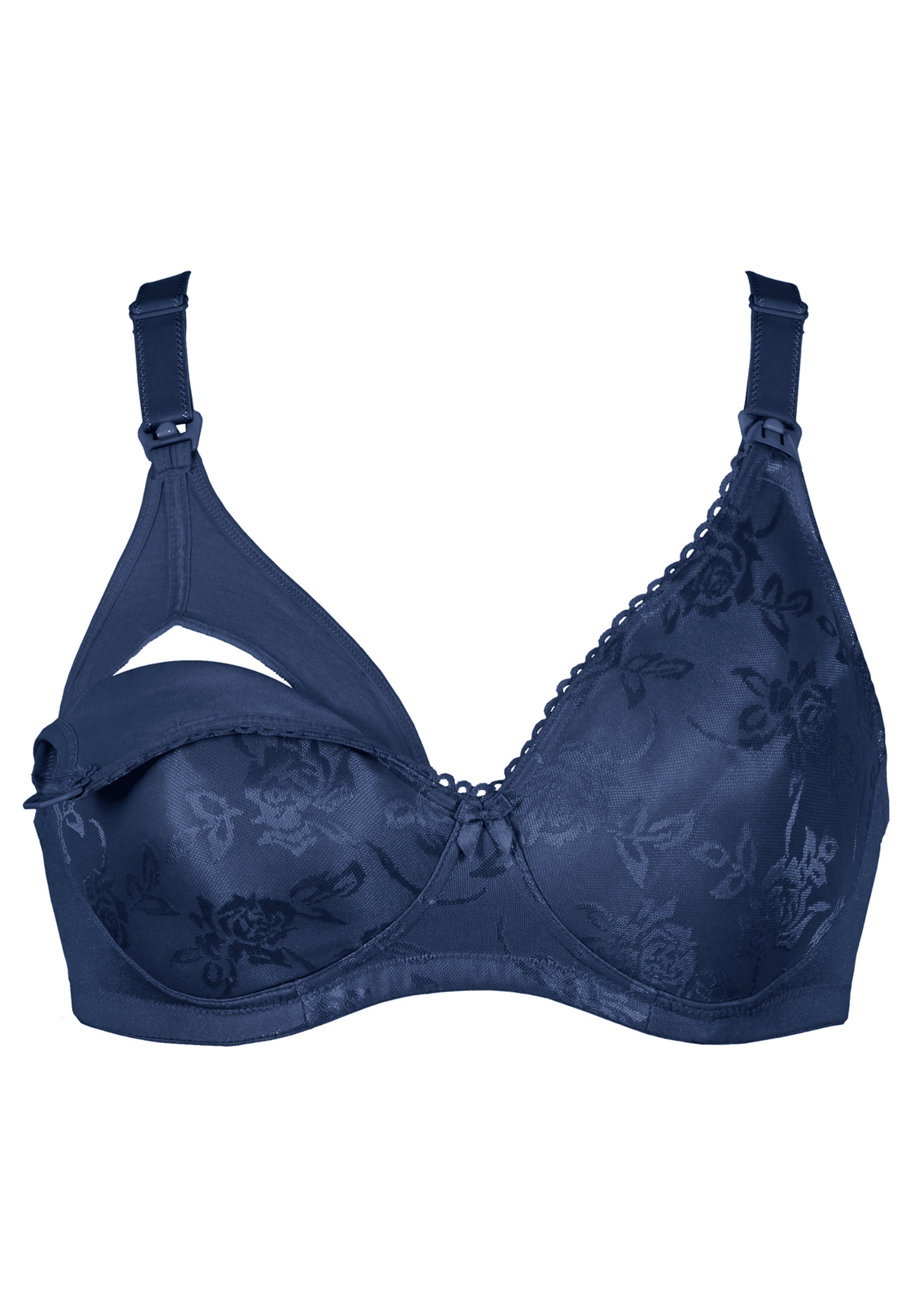 Voorzijde productafbeelding voedingsbh met bloemenpatroon in de kleur navy van het merk Naturana